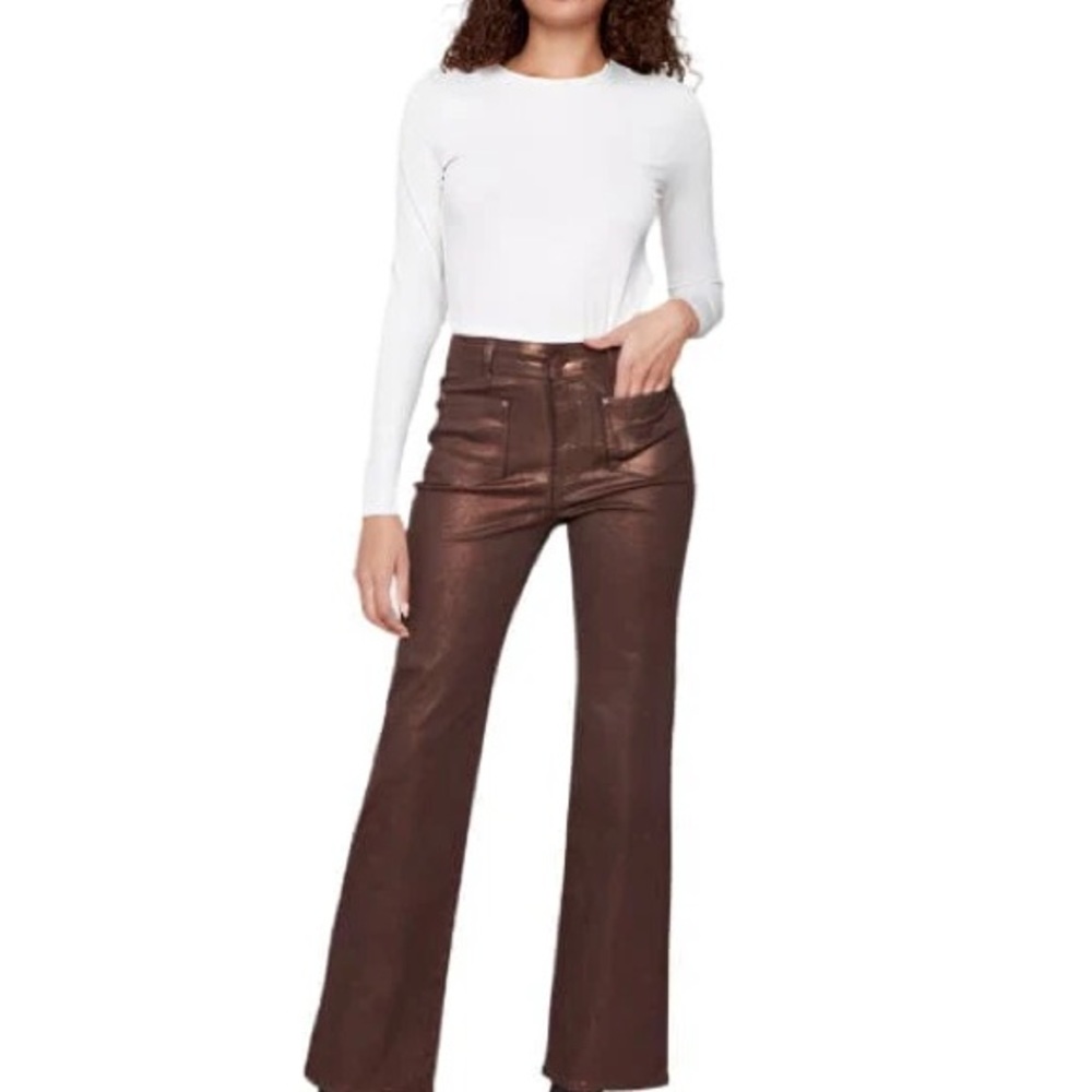 PATCH POCKET FLARED BRONZE METALLIC TWILL PANTS